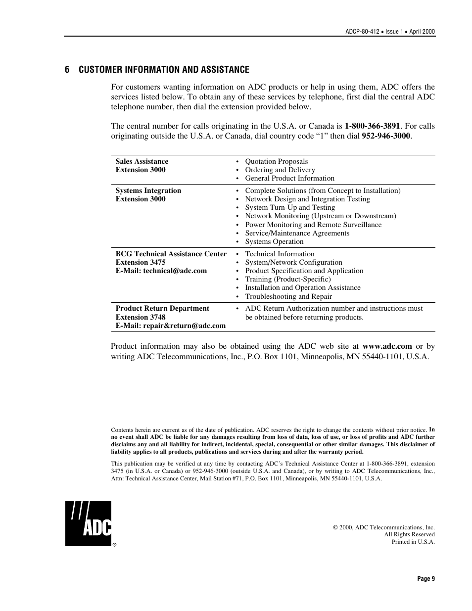 Customer information and assistance, 6 customer information and assistance | ADC P-80-412 User Manual | Page 9 / 10