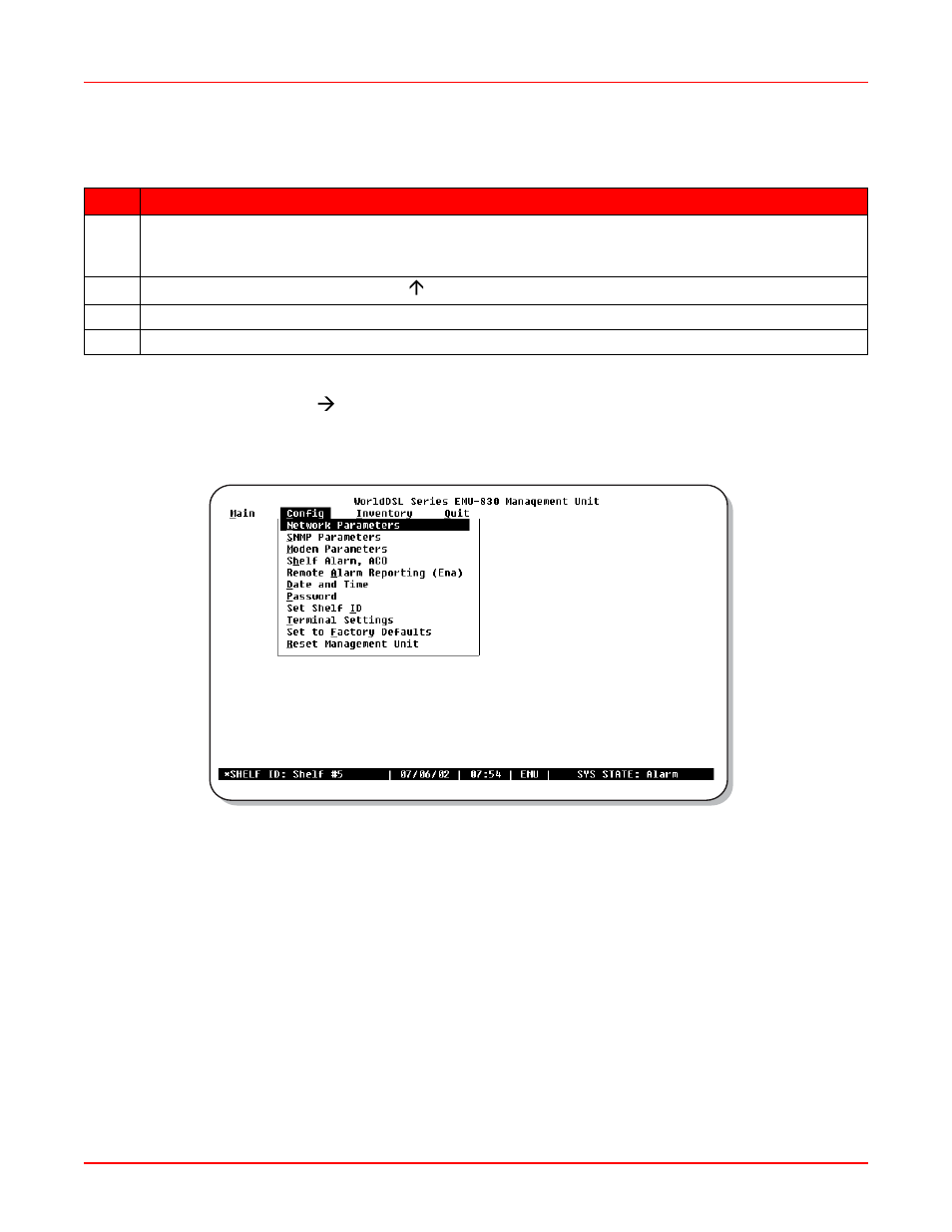 Enabling or disabling alarm reporting, Config menu, Network parameters menu | Figure 3-4. config menu, Enabling or disabling alarm | ADC EMU-830 User Manual | Page 40 / 74