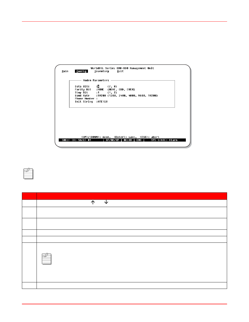 Figure 3-7. modem parameters menu, Modem parameters | ADC EMU-830 User Manual | Page 46 / 74