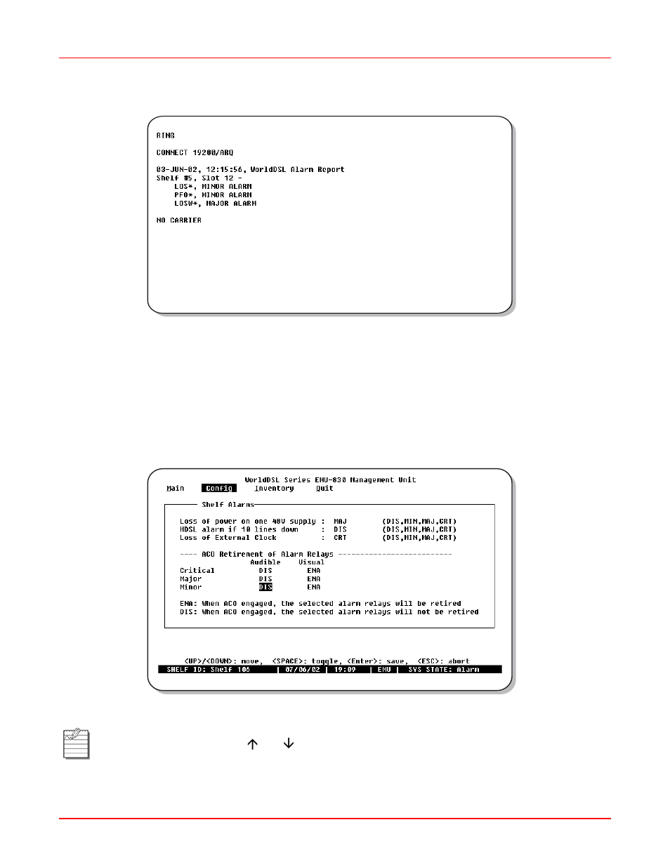 Shelf alarms menu, Shelf alarms menu -16, Figure 3-10.shelf alarms menu | ADC EMU-830 User Manual | Page 48 / 74