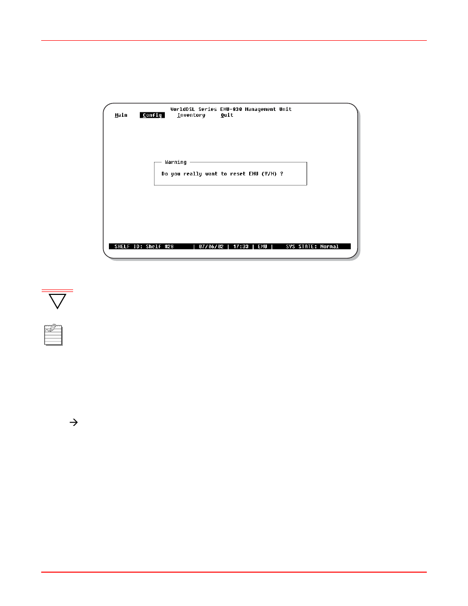 Reset emu, Inventory information screen, Reset emu -22 inventory information screen | Figure 3-17.reset emu warning prompt, T unit | ADC EMU-830 User Manual | Page 54 / 74