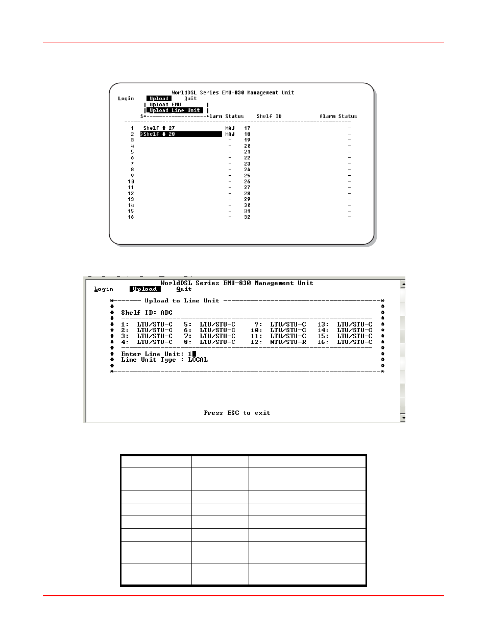 Figure 3-19.upload line unit menu item, Figure 3-20.upload to line unit dialog box, Table 3-8. line unit uploads -25 | Figure, E listed in | ADC EMU-830 User Manual | Page 57 / 74