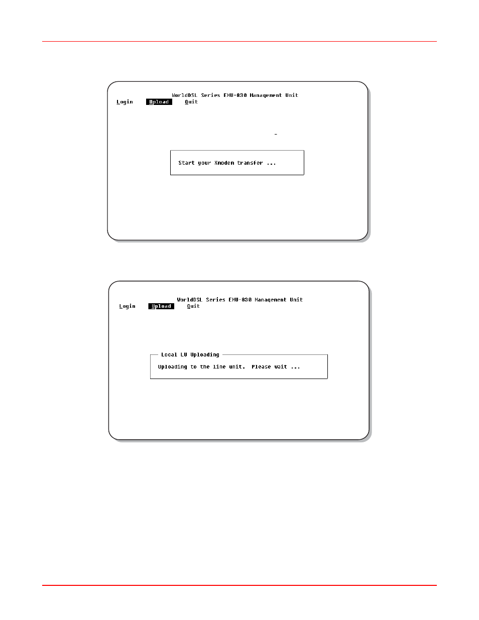 Figure 3-21.xmodem transfer message, Figure 3-22.local line unit uploading message, Figure 3-22 | ADC EMU-830 User Manual | Page 58 / 74