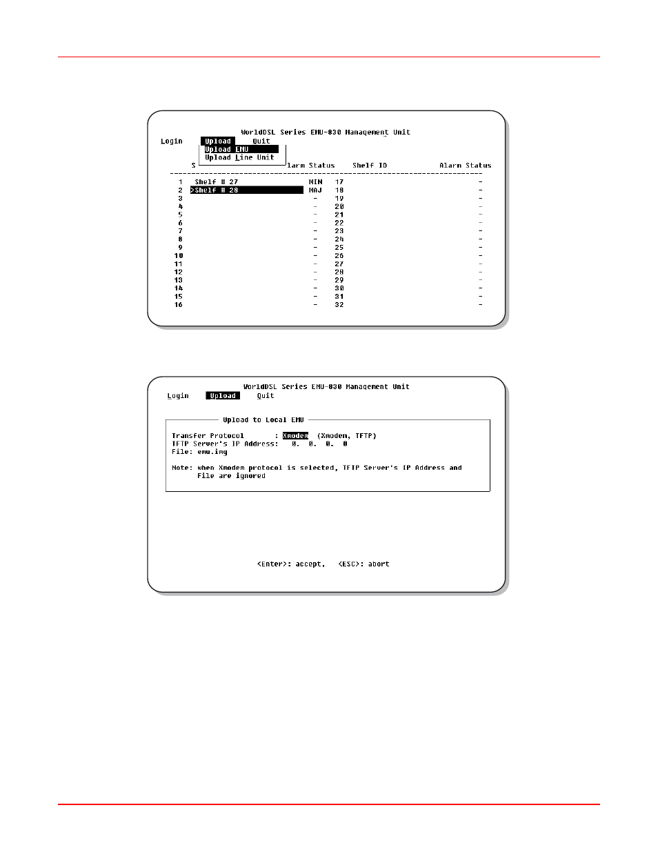 Figure 3-23.upload emu menu item, Figure 3-24.upload to local emu dialog box | ADC EMU-830 User Manual | Page 60 / 74