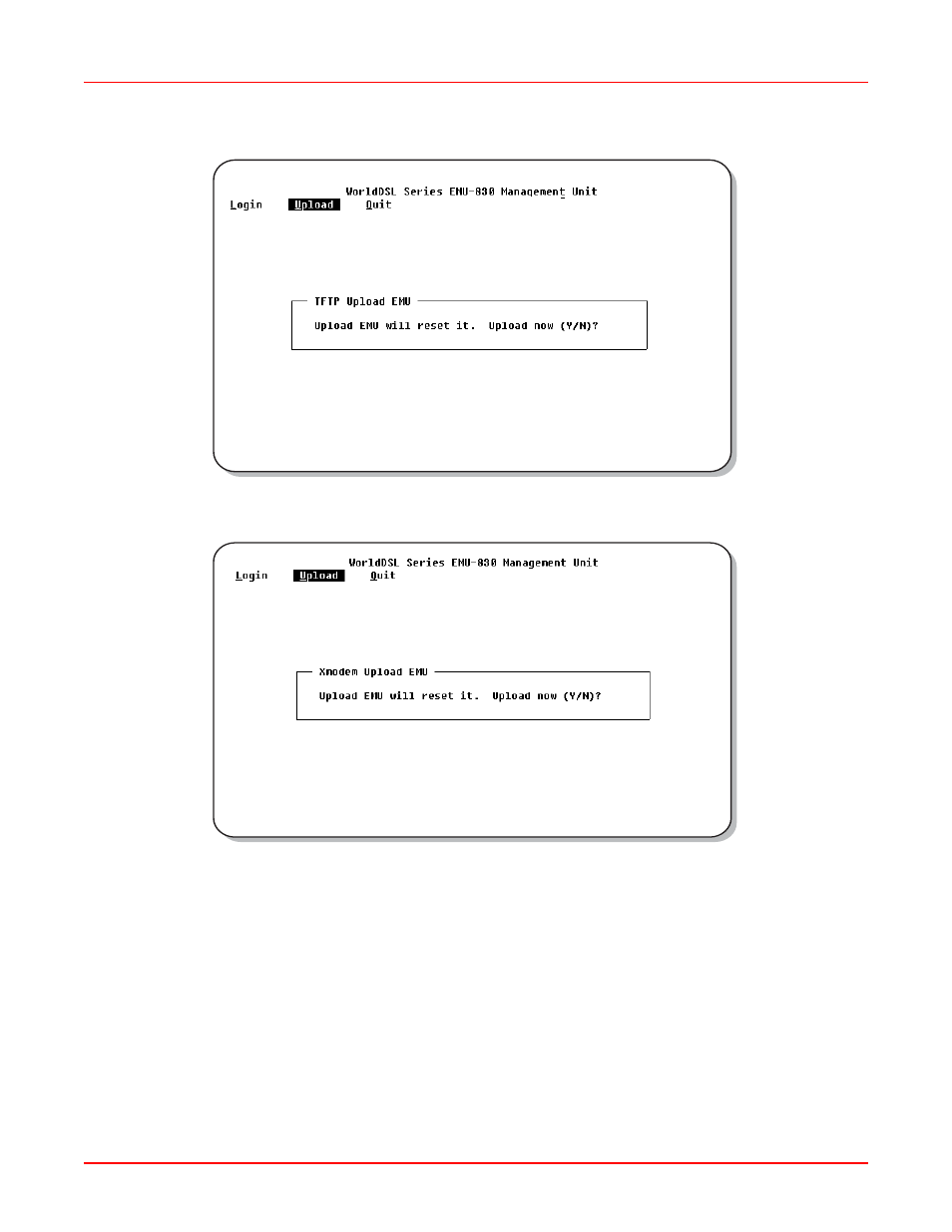 Figure 3-25.tftp upload emu prompt, Figure 3-26.xmodem upload emu prompt | ADC EMU-830 User Manual | Page 61 / 74