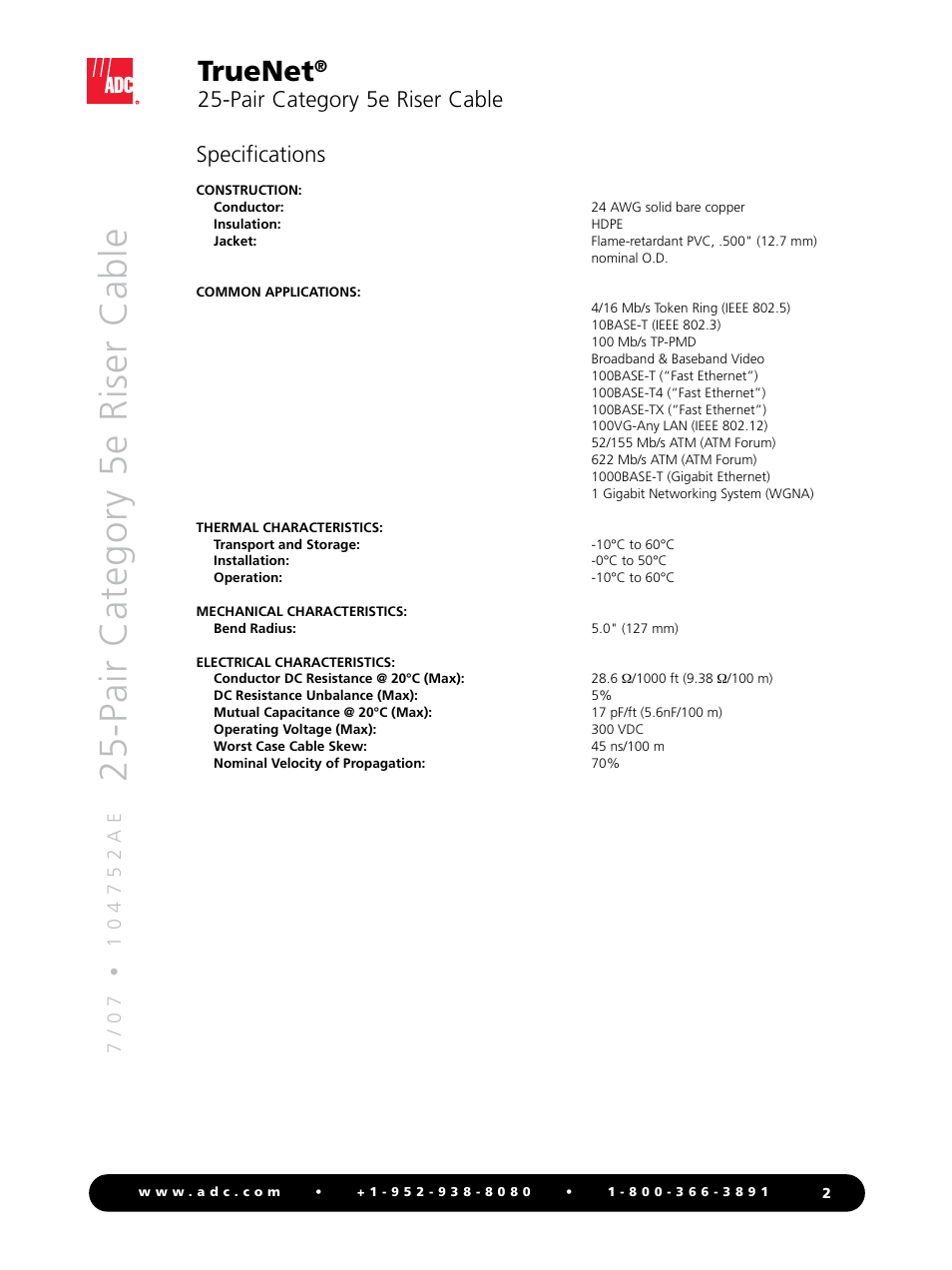 25 -p ai r c at eg o ry 5 e r is er c ab le, Truenet, Pair category 5e riser cable specifications | ADC TrueNet 25-Pair Category 5e Riser Cable User Manual | Page 2 / 4