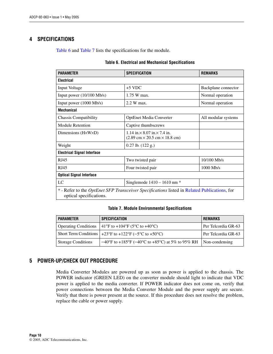 4 specifications, 5 power-up/check out procedure, Specifications | Power-up/check out procedure | ADC 100 User Manual | Page 10 / 13