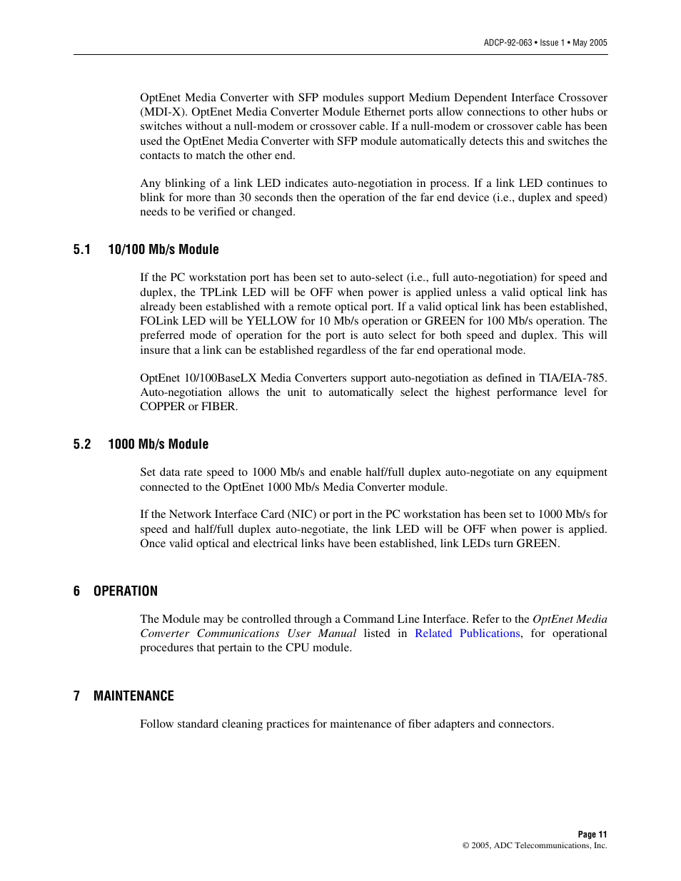 1 10/100 mb/s module, 2 1000 mb/s module, 6 operation | 7 maintenance, 10/100 mb/s module, 1000 mb/s module, Operation, Maintenance | ADC 100 User Manual | Page 11 / 13