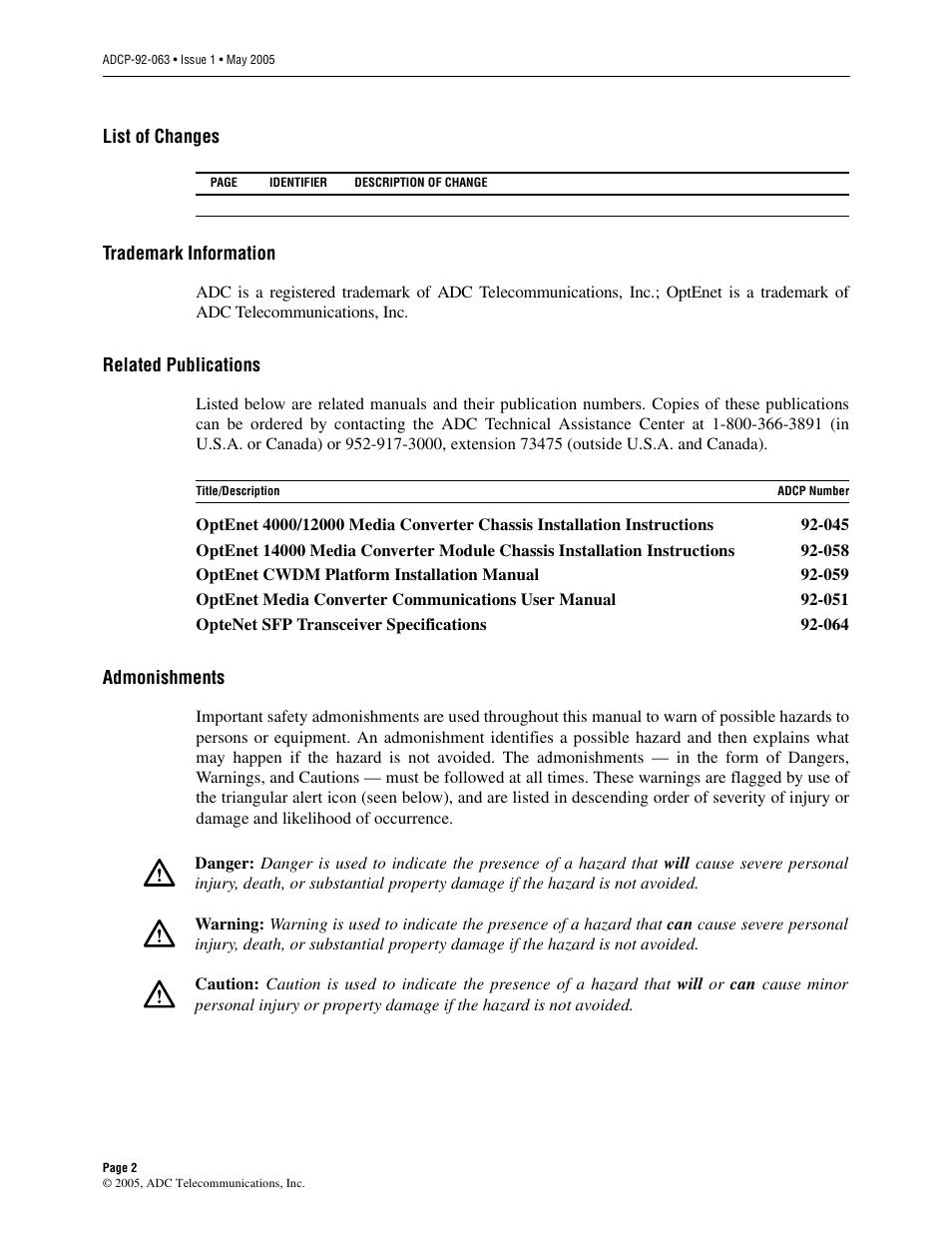 List of changes, Trademark information, Related publications | Admonishments | ADC 100 User Manual | Page 2 / 13