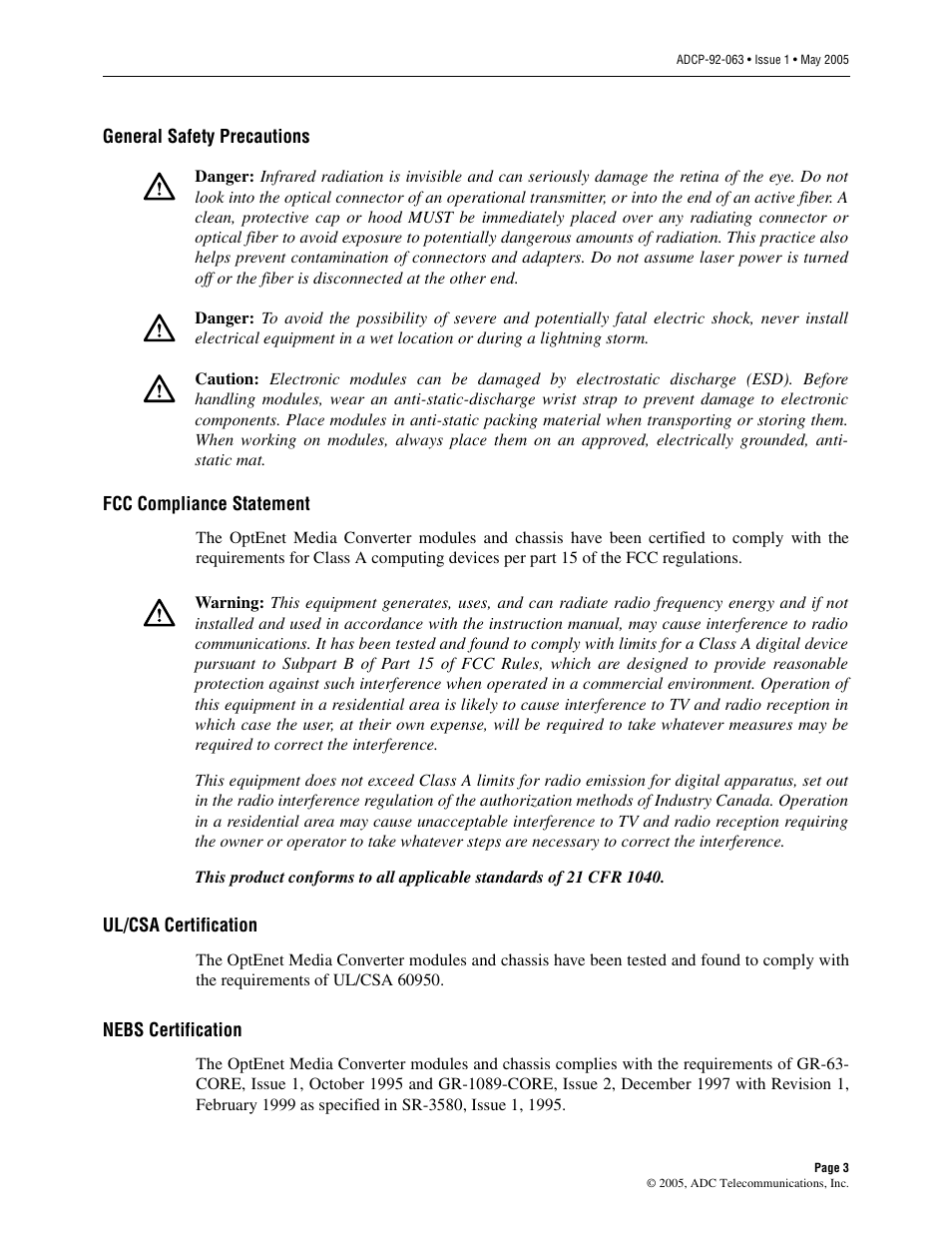 General safety precautions, Fcc compliance statement, Ul/csa certification | Nebs certification | ADC 100 User Manual | Page 3 / 13