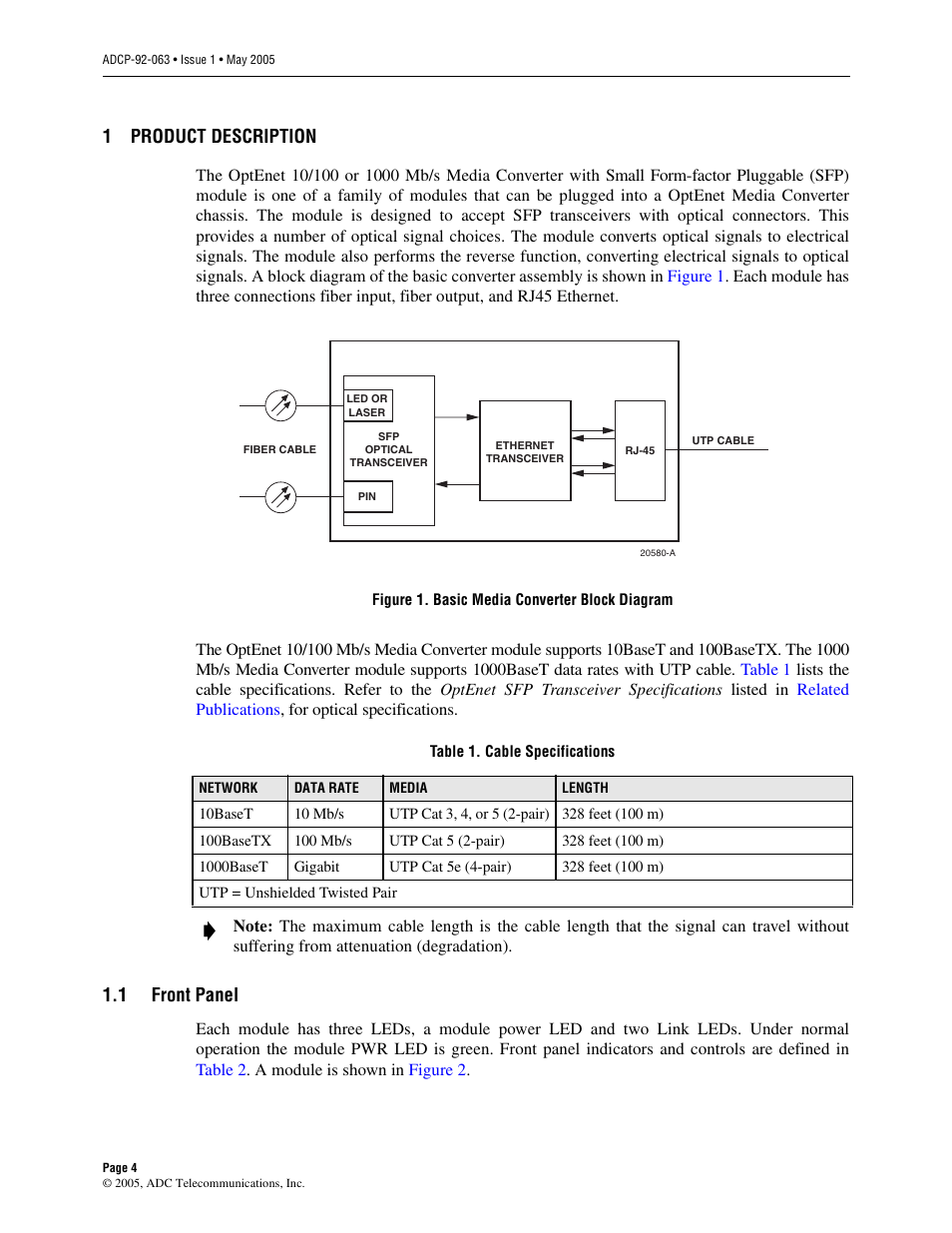 1 product description, 1 front panel, Product description | Front panel, 1product description | ADC 100 User Manual | Page 4 / 13