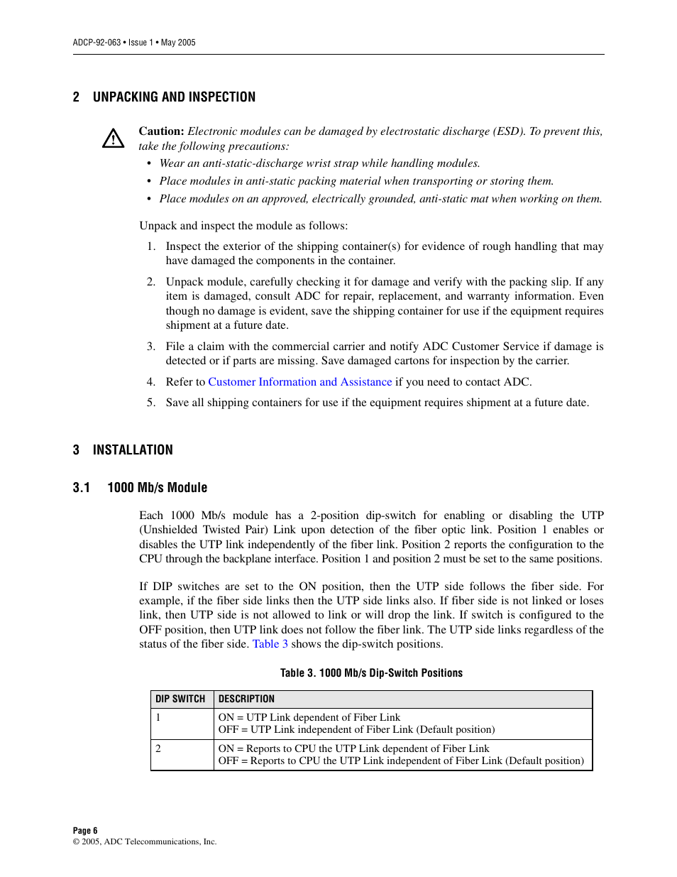 2 unpacking and inspection, 3 installation, 1 1000 mb/s module | Unpacking and inspection, Installation, 1000 mb/s module | ADC 100 User Manual | Page 6 / 13