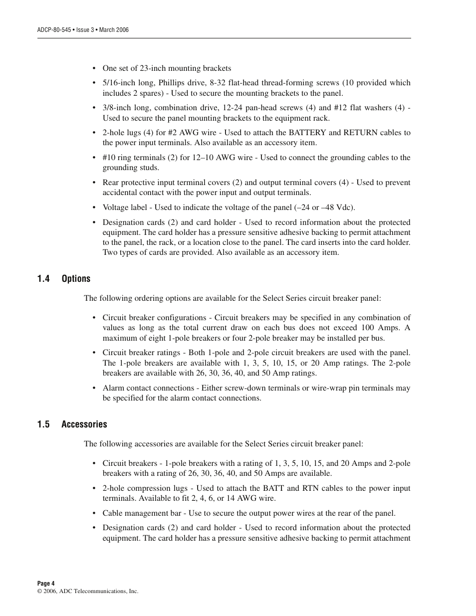 4 options, 5 accessories, Options | Accessories | ADC PowerWorx Power Distribution Products User Manual | Page 10 / 36