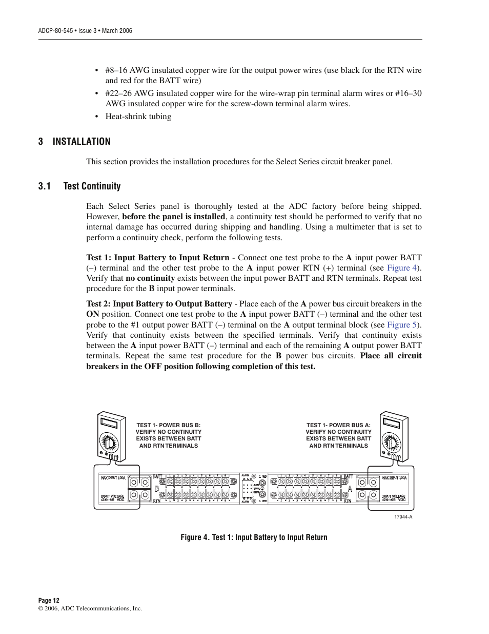 3 installation, 1 test continuity, Installation | Test continuity | ADC PowerWorx Power Distribution Products User Manual | Page 18 / 36