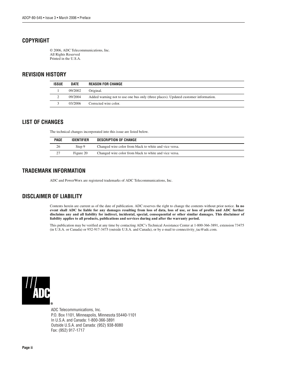 Copyright, revision history, trademark, Copyright, Revision history list of changes | Trademark information, Disclaimer of liability | ADC PowerWorx Power Distribution Products User Manual | Page 2 / 36