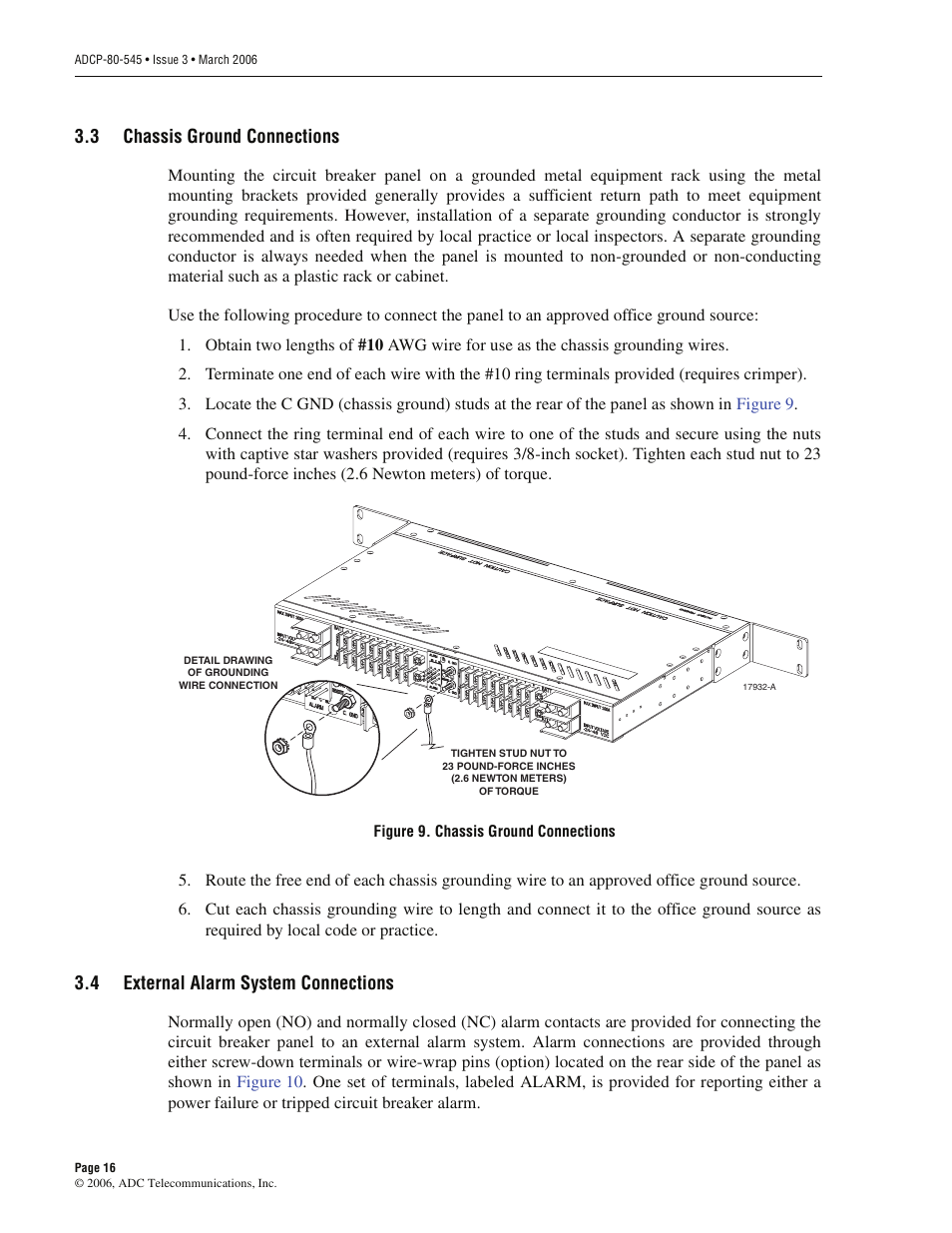 3 chassis ground connections, 4 external alarm system connections, Chassis ground connections | External alarm system connections | ADC PowerWorx Power Distribution Products User Manual | Page 22 / 36