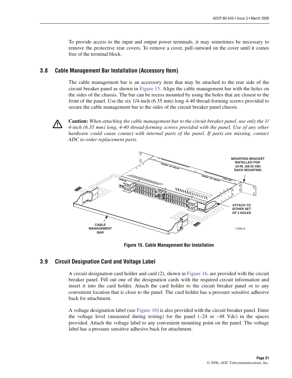 9 circuit designation card and voltage label, Cable management bar installation (accessory item), Circuit designation card and voltage label | ADC PowerWorx Power Distribution Products User Manual | Page 27 / 36