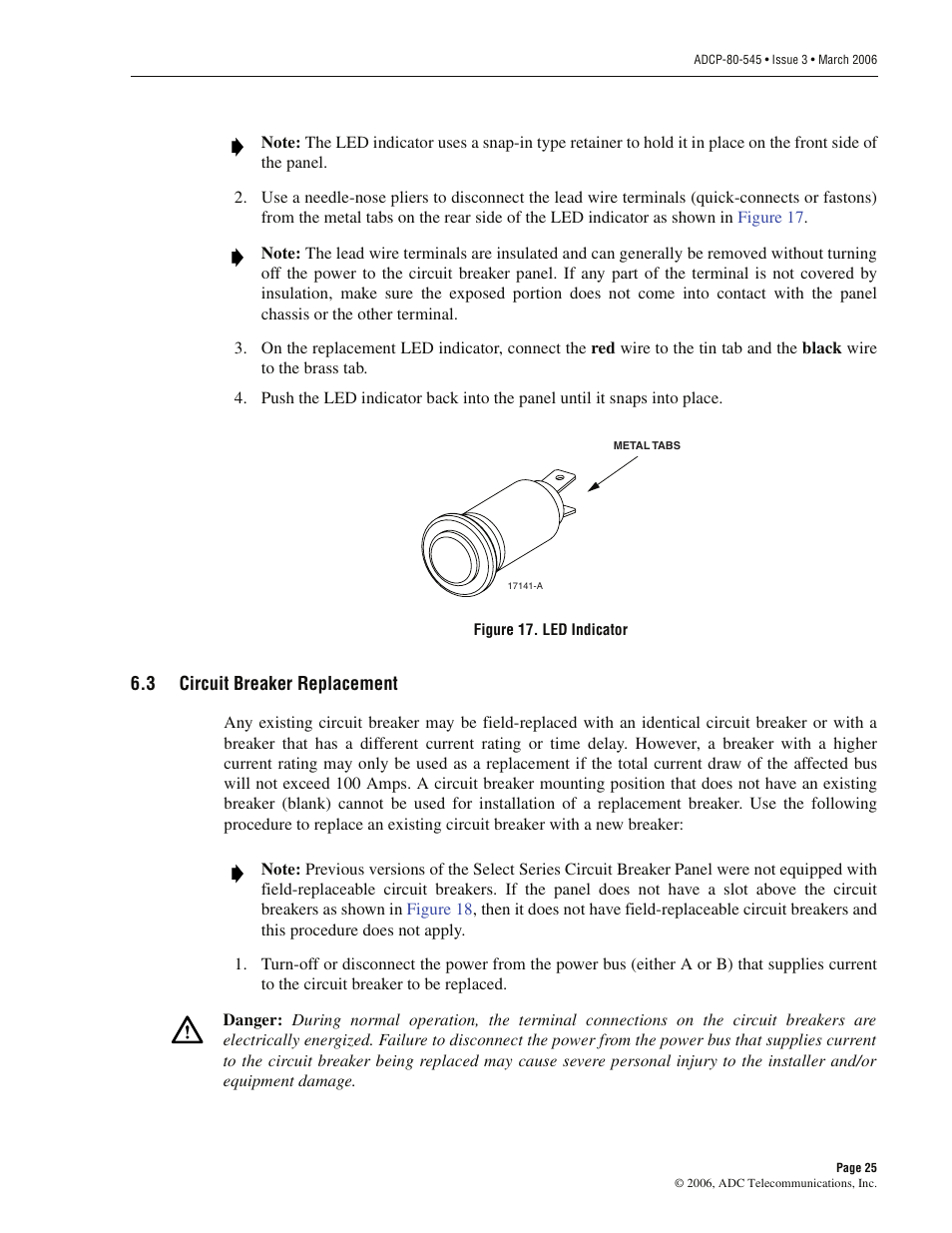 3 circuit breaker replacement, Circuit breaker replacement, Section 6.3, circuit breaker replacement | ADC PowerWorx Power Distribution Products User Manual | Page 31 / 36