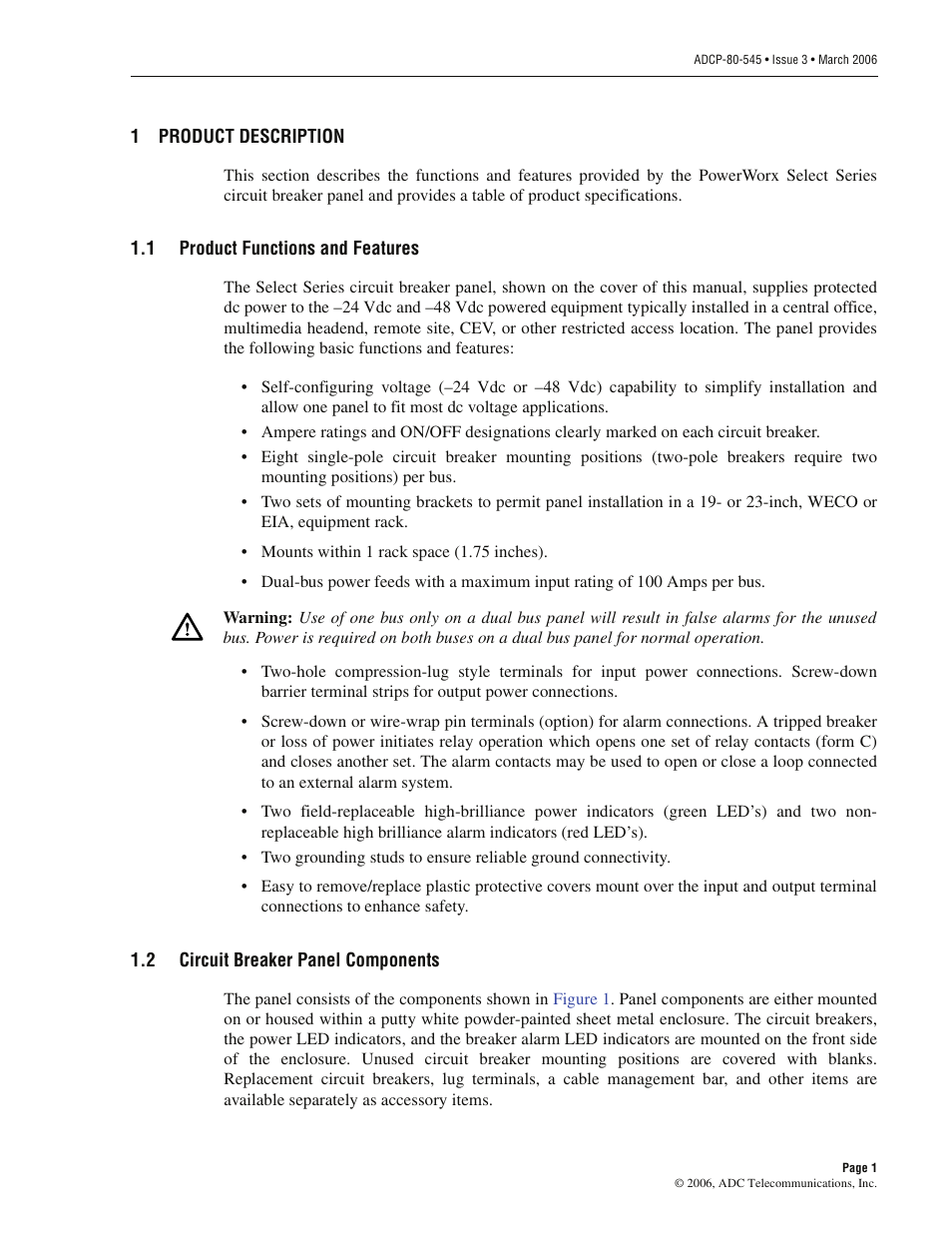 1 product description, 1 product functions and features, 2 circuit breaker panel components | Product description, Product functions and features, Circuit breaker panel components | ADC PowerWorx Power Distribution Products User Manual | Page 7 / 36