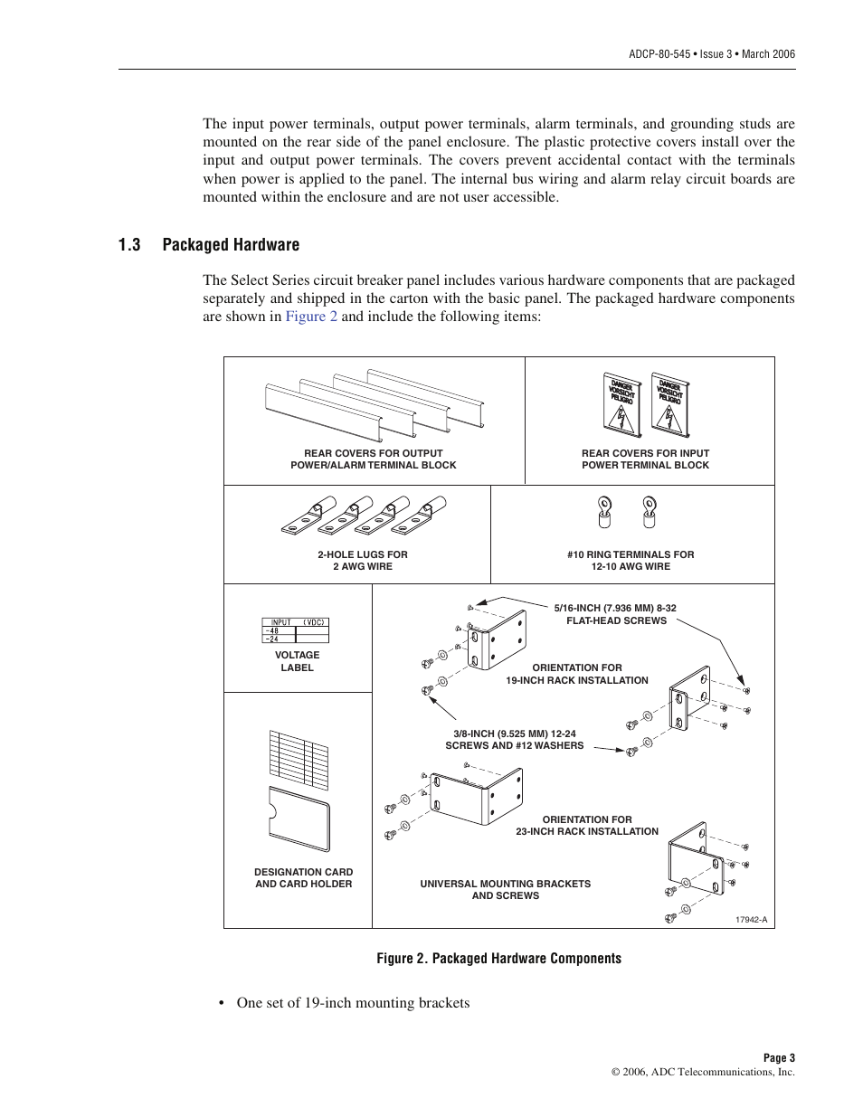 3 packaged hardware, Packaged hardware, One set of 19-inch mounting brackets | ADC PowerWorx Power Distribution Products User Manual | Page 9 / 36