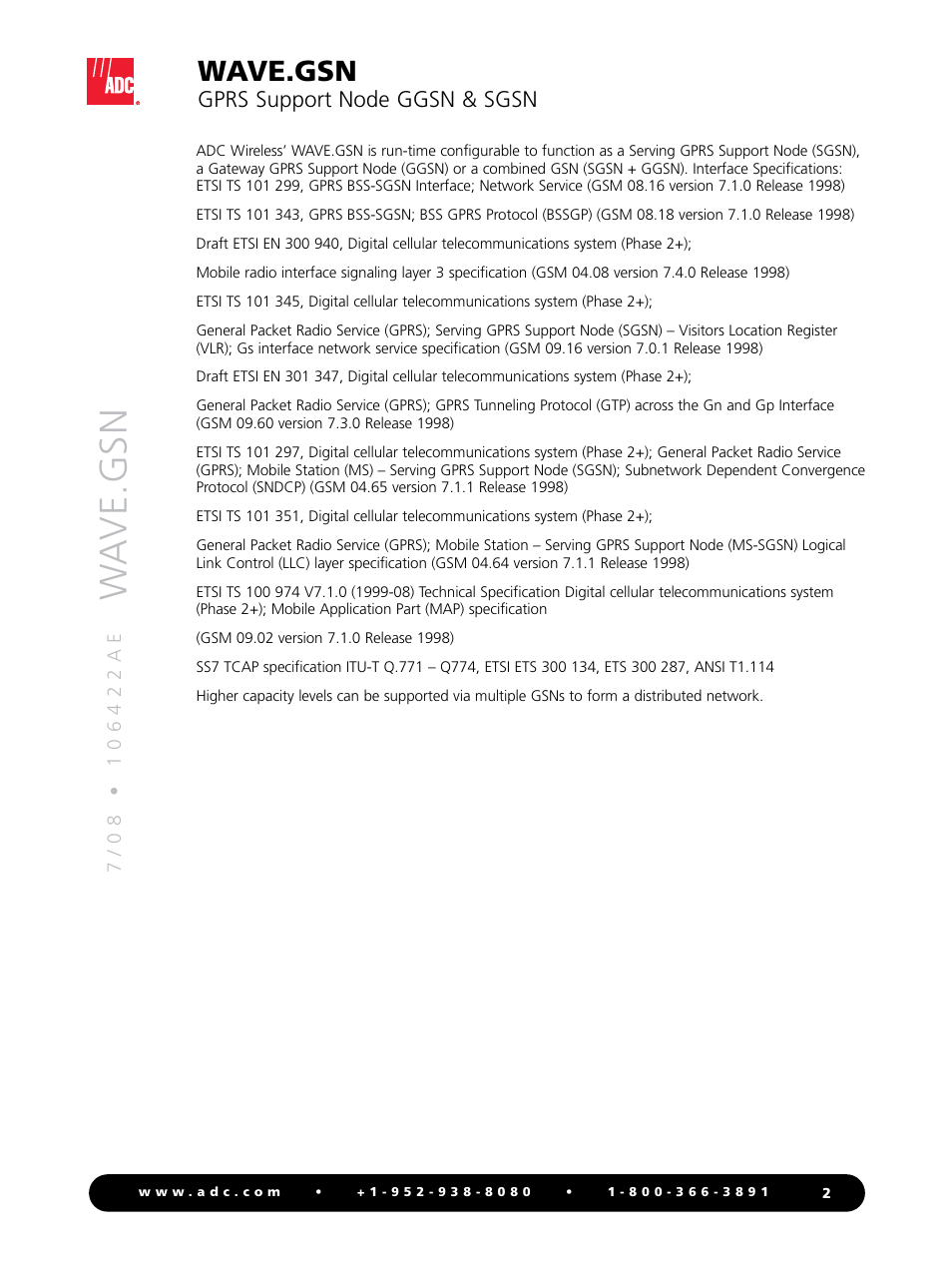 Wa ve.gsn, Wave.gsn, Gprs support node ggsn & sgsn | ADC GPRS Support Node GGSN & SGSN WAVE.GSN User Manual | Page 2 / 4