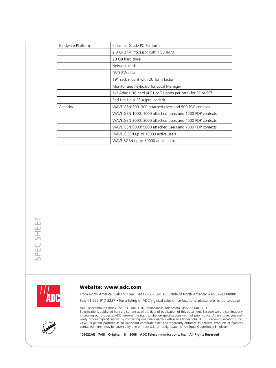 Spec sheet | ADC GPRS Support Node GGSN & SGSN WAVE.GSN User Manual | Page 4 / 4