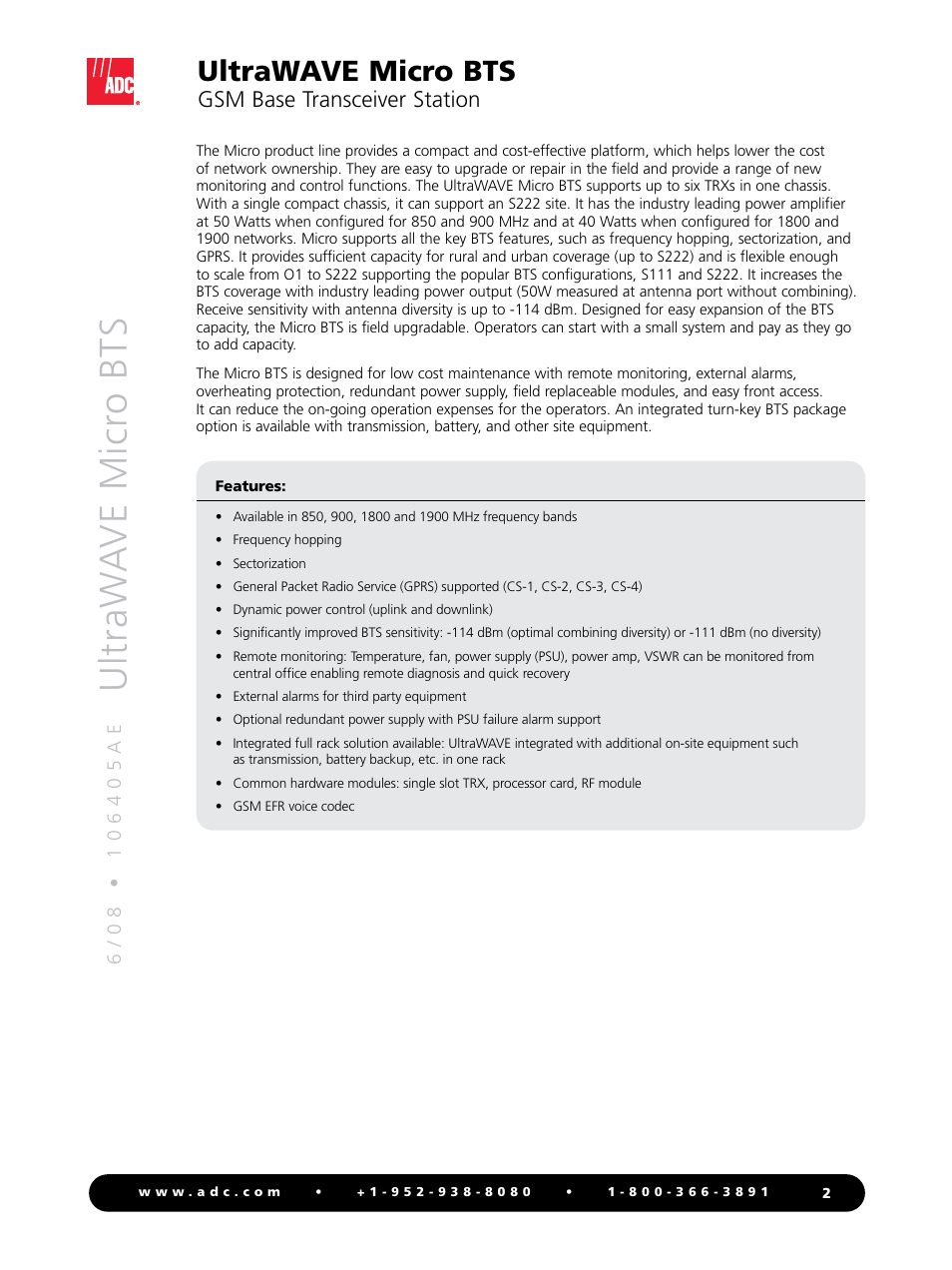 Ultraw a ve micr o bts, Ultrawave micro bts, Gsm base transceiver station | ADC UltraWave Micro BTS User Manual | Page 2 / 4