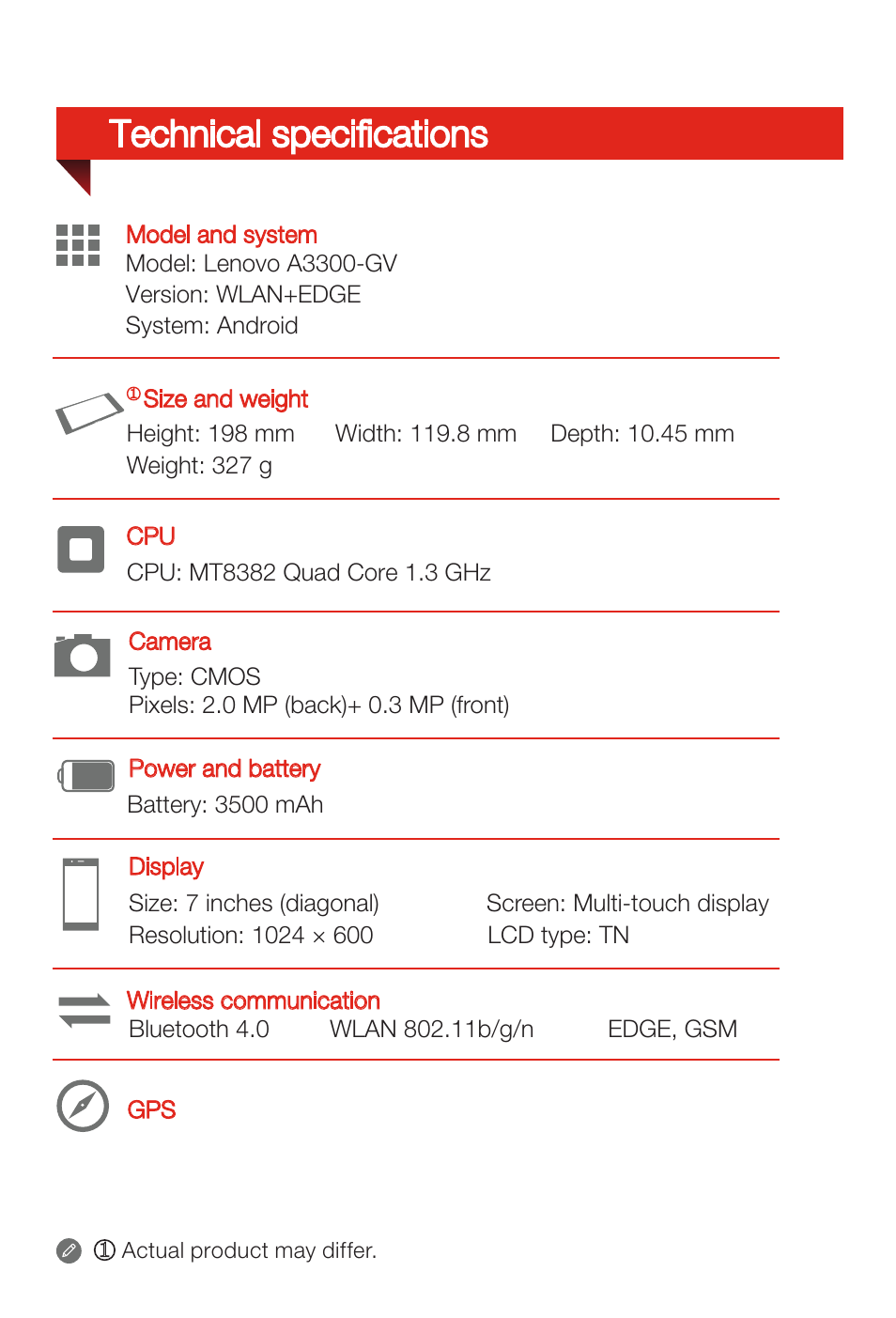 Technical specifications | Lenovo A7 30 Tablet User Manual | Page 2 / 6