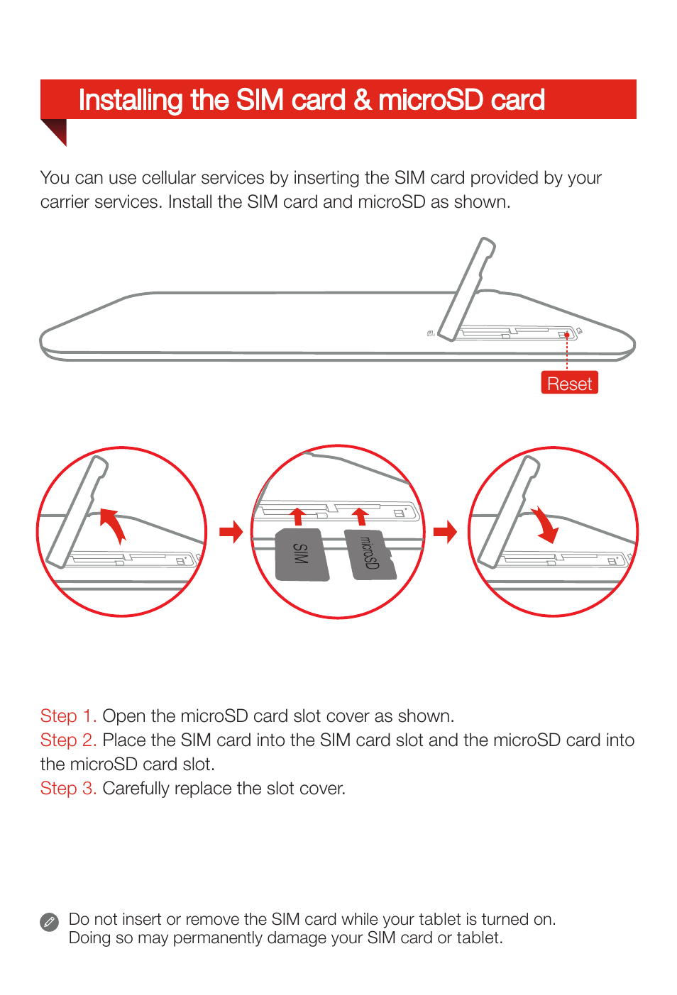 Installing the sim card & microsd card | Lenovo A7 30 Tablet User Manual | Page 4 / 6