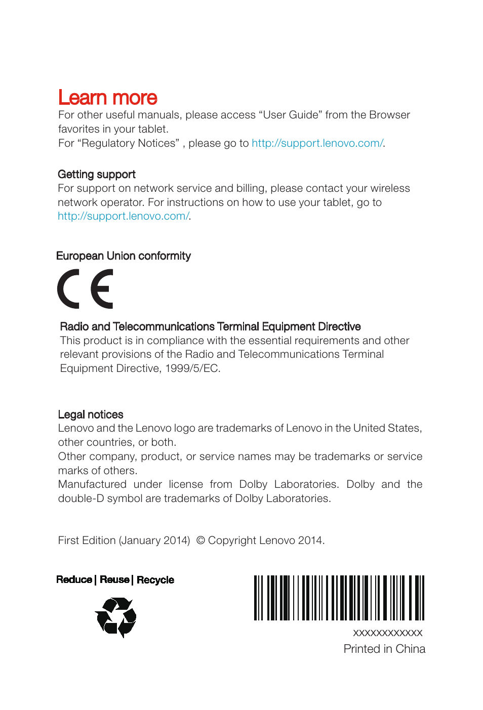 Learn more | Lenovo A7 30 Tablet User Manual | Page 6 / 6