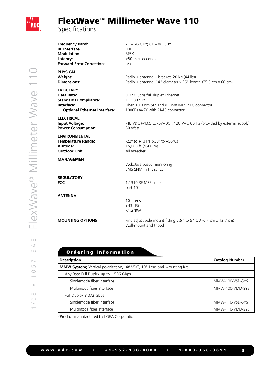 Flexw ave, Millimeter w ave 110, Flexwave | Millimeter wave 110, Specifications | ADC FlexWave MMW 110 User Manual | Page 3 / 4