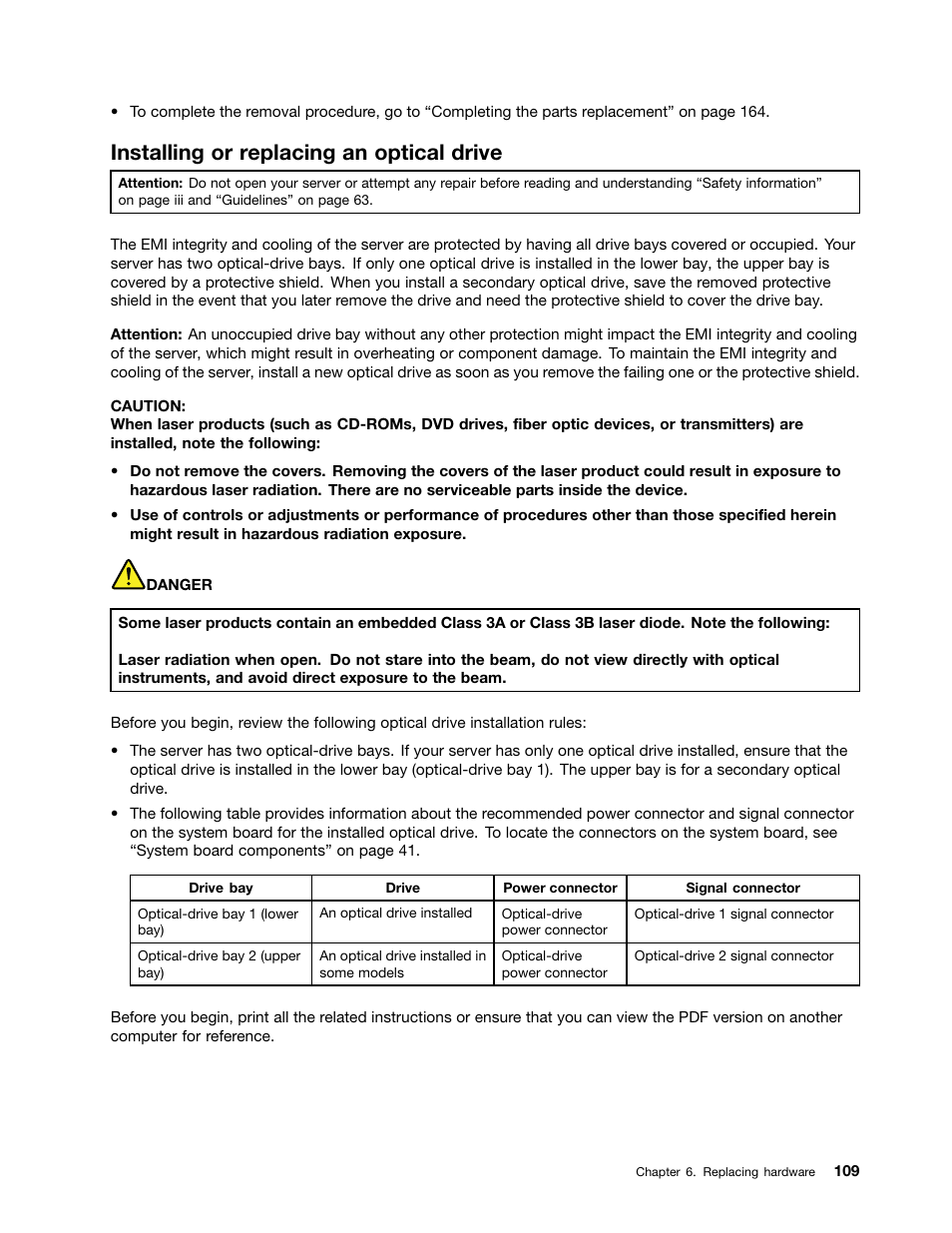 Installing or replacing an optical drive | Lenovo ThinkServer TD350 User Manual | Page 123 / 204