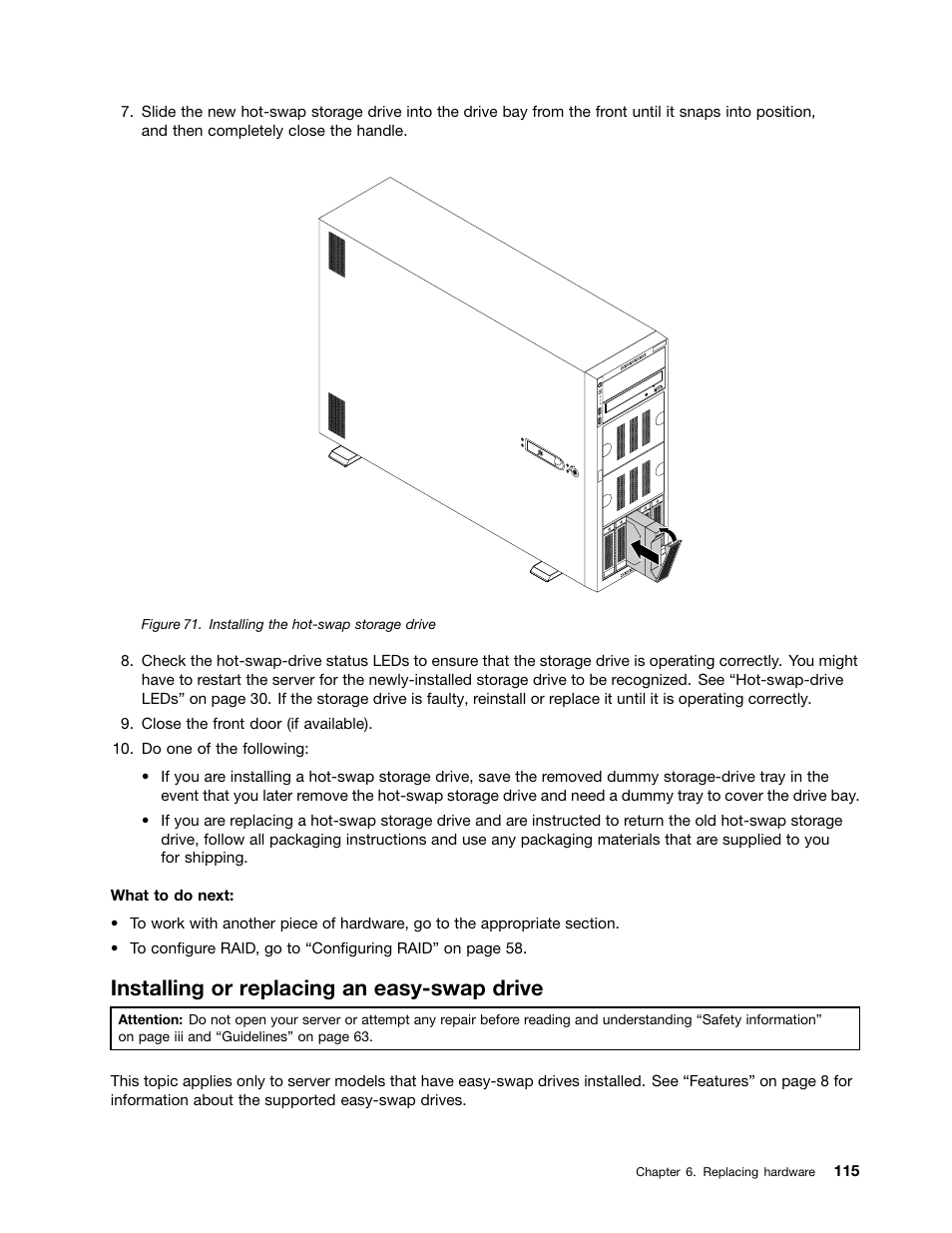 Installing or replacing an easy-swap drive | Lenovo ThinkServer TD350 User Manual | Page 129 / 204