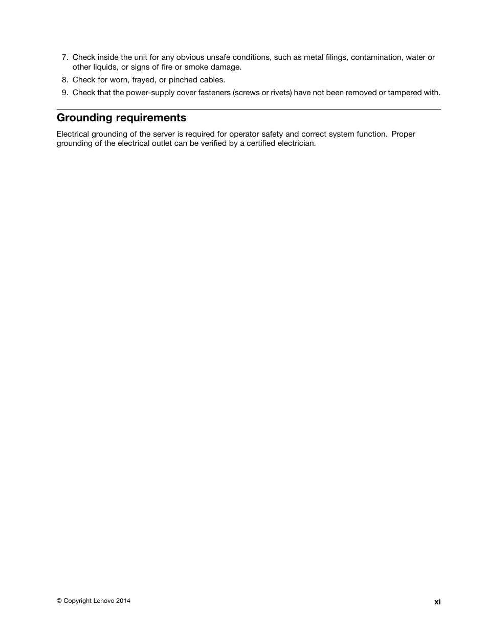 Grounding requirements, Grounding requirements . . . . . . . . . . . . xi | Lenovo ThinkServer TD350 User Manual | Page 13 / 204