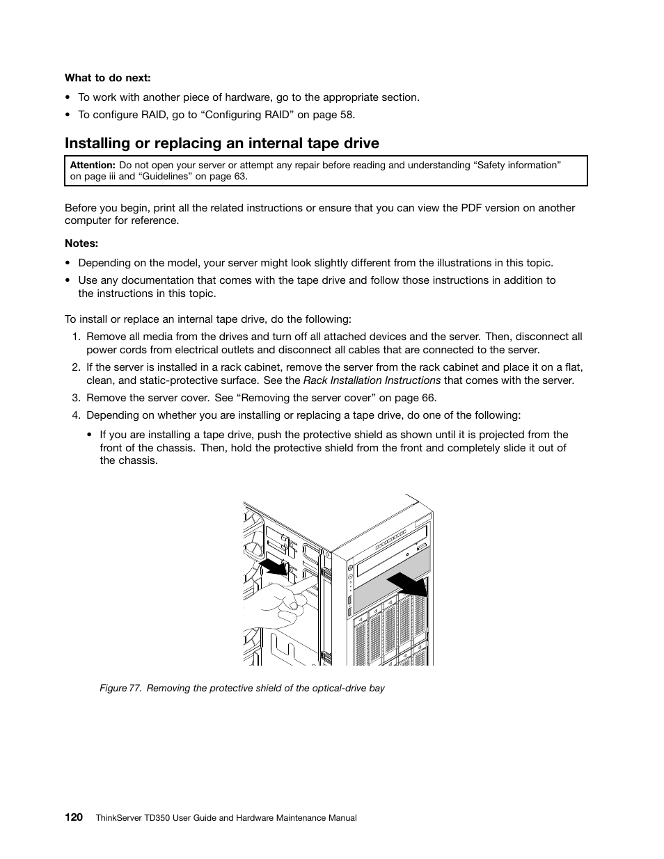 Installing or replacing an internal tape drive | Lenovo ThinkServer TD350 User Manual | Page 134 / 204