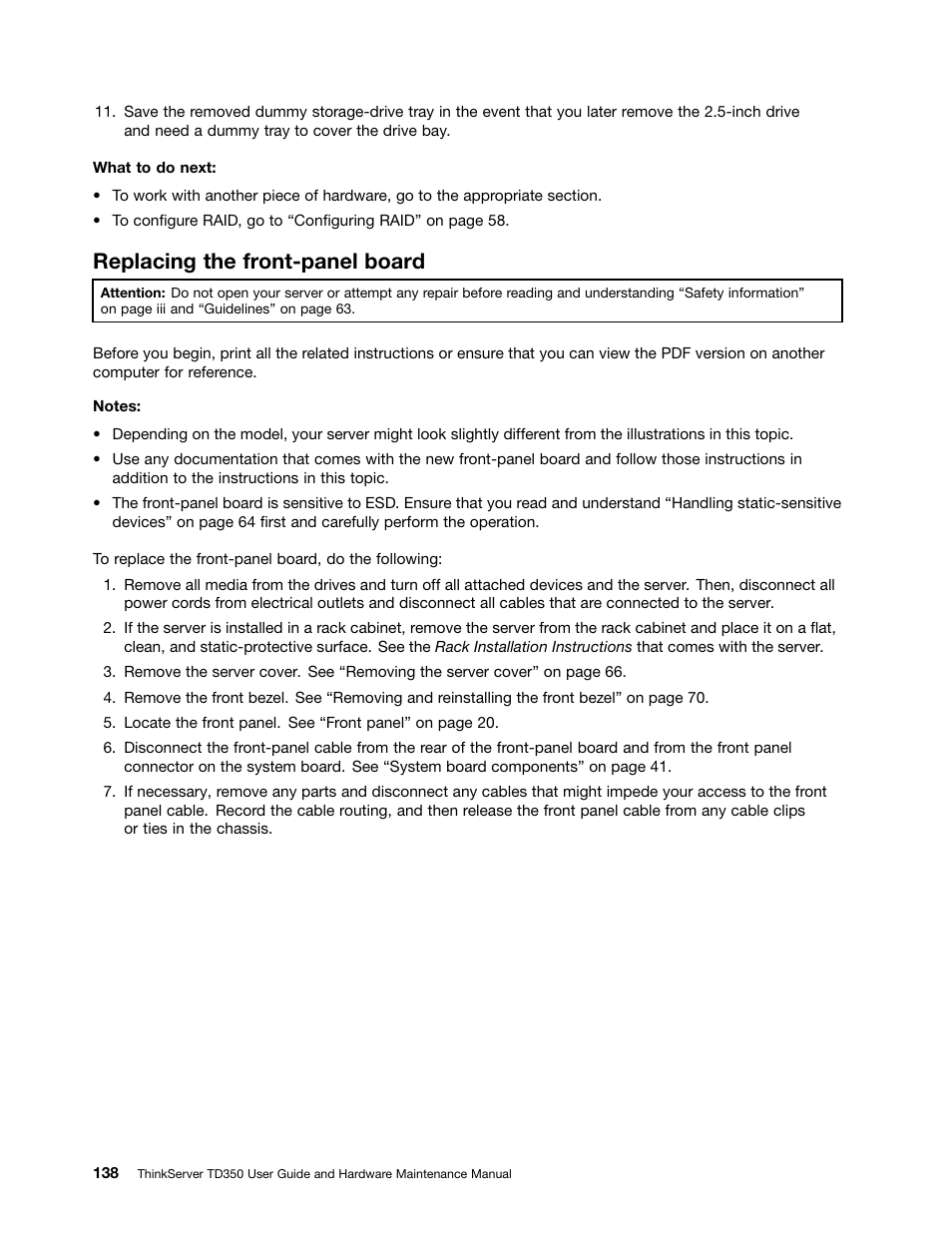 Replacing the front-panel board | Lenovo ThinkServer TD350 User Manual | Page 152 / 204