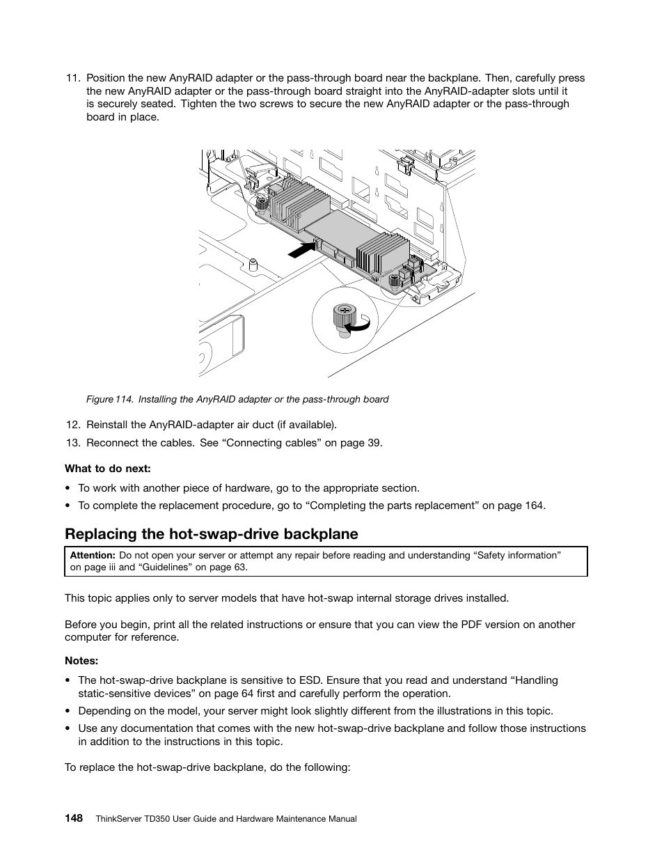 Replacing the hot-swap-drive backplane | Lenovo ThinkServer TD350 User Manual | Page 162 / 204