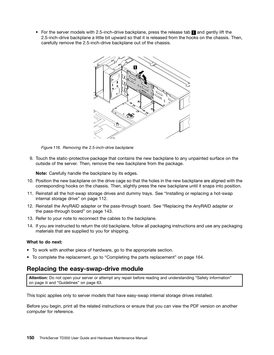 Replacing the easy-swap-drive module | Lenovo ThinkServer TD350 User Manual | Page 164 / 204