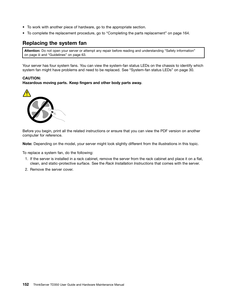 Replacing the system fan | Lenovo ThinkServer TD350 User Manual | Page 166 / 204