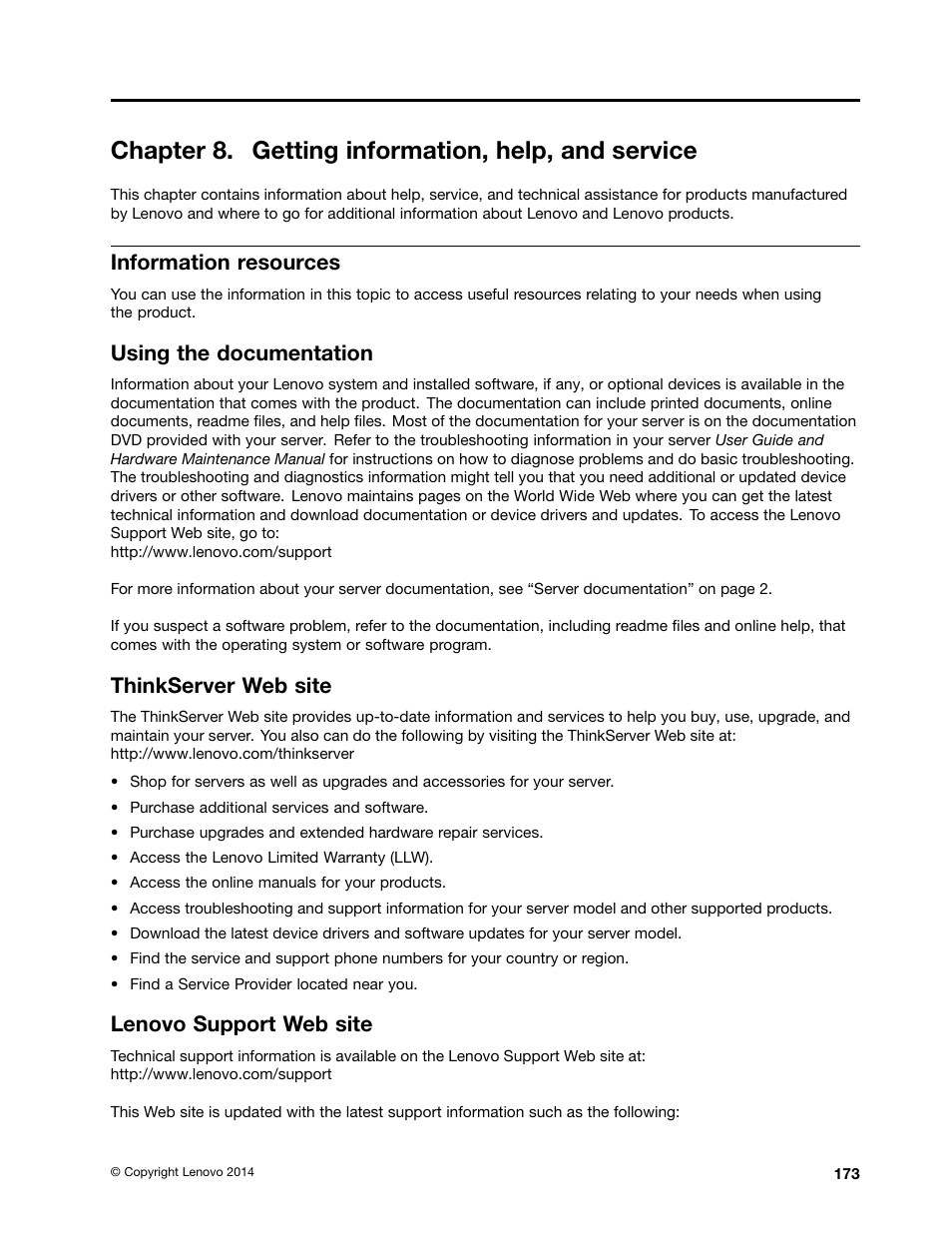Chapter 8. getting information, help, and service, Information resources, Using the documentation | Thinkserver web site, Lenovo support web site, Chapter 8 “getting | Lenovo ThinkServer TD350 User Manual | Page 187 / 204