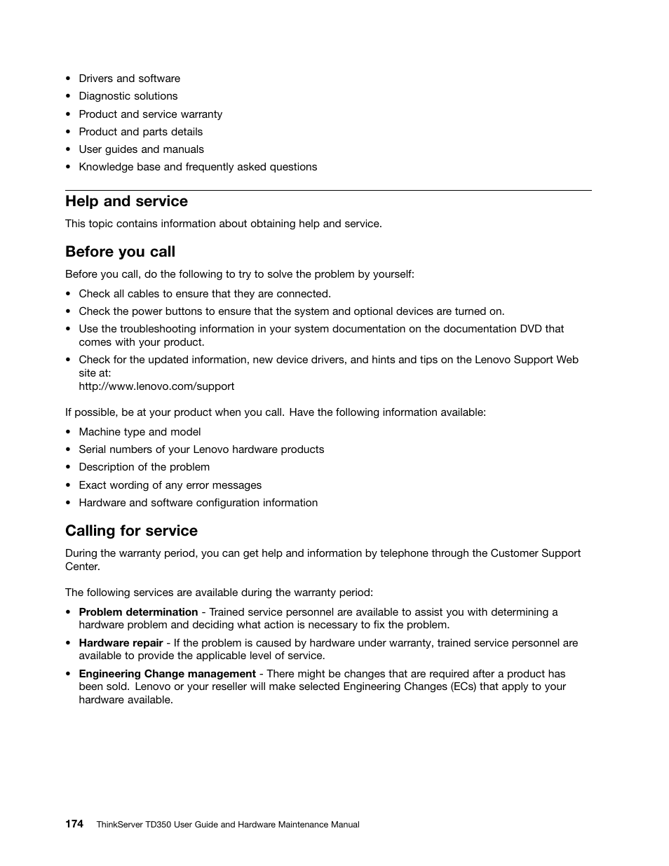 Help and service, Before you call, Calling for service | Lenovo ThinkServer TD350 User Manual | Page 188 / 204
