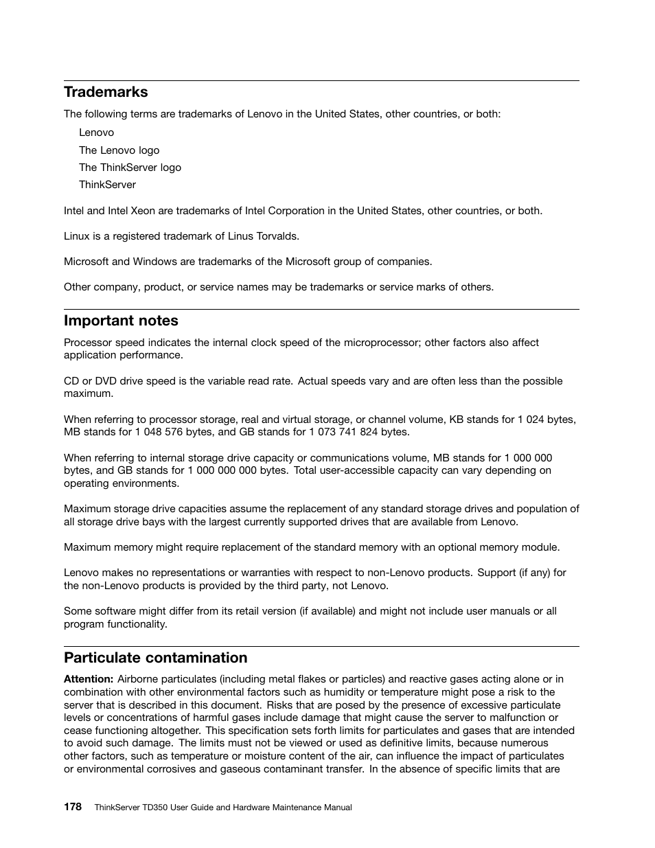 Trademarks, Important notes, Particulate contamination | Lenovo ThinkServer TD350 User Manual | Page 192 / 204