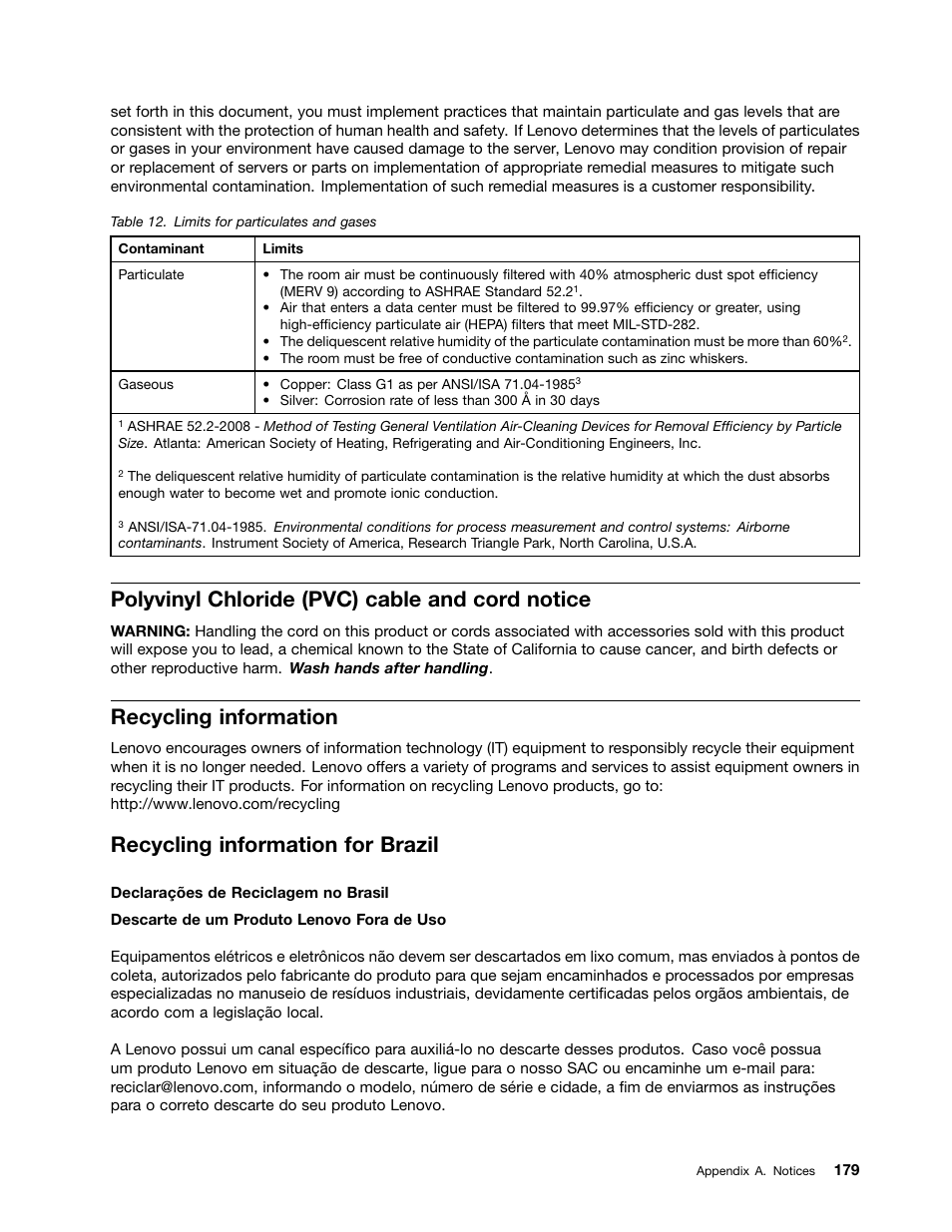 Polyvinyl chloride (pvc) cable and cord notice, Recycling information, Recycling information for brazil | Lenovo ThinkServer TD350 User Manual | Page 193 / 204