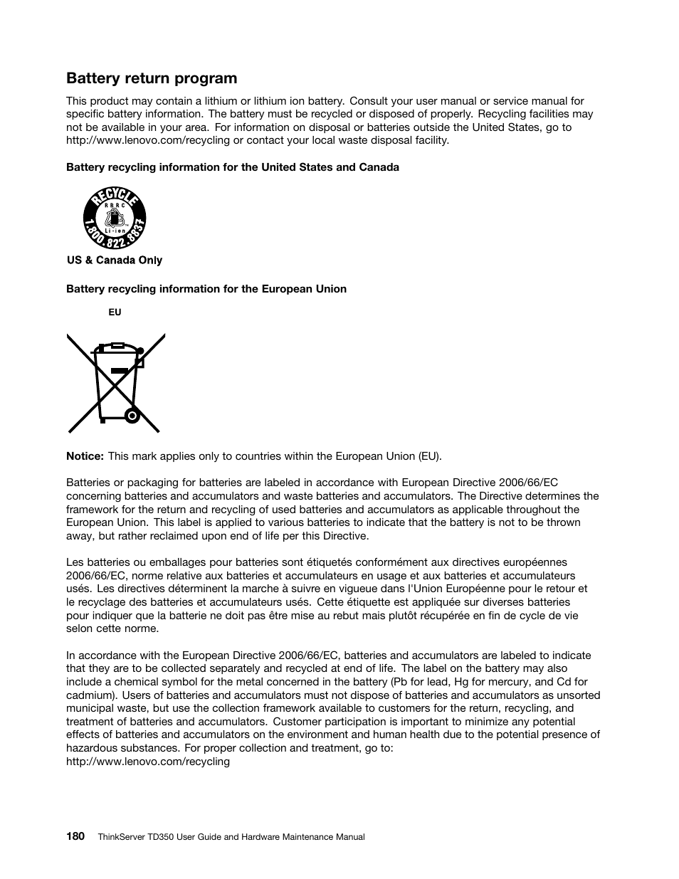 Battery return program | Lenovo ThinkServer TD350 User Manual | Page 194 / 204