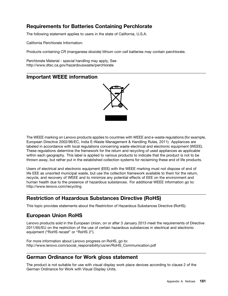 Requirements for batteries containing perchlorate, Important weee information, European union rohs | German ordinance for work gloss statement | Lenovo ThinkServer TD350 User Manual | Page 195 / 204