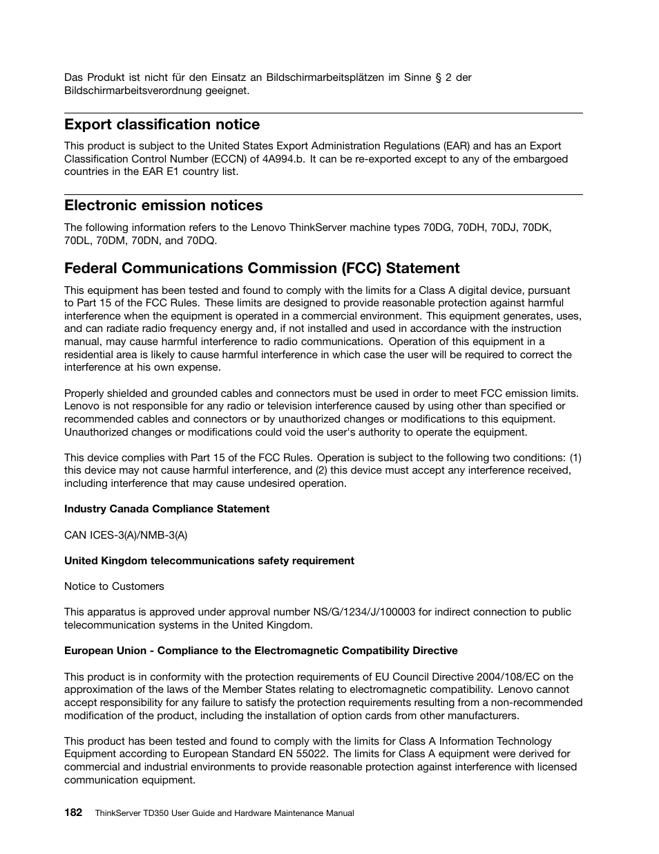 Export classification notice, Electronic emission notices, Federal communications commission (fcc) statement | Lenovo ThinkServer TD350 User Manual | Page 196 / 204