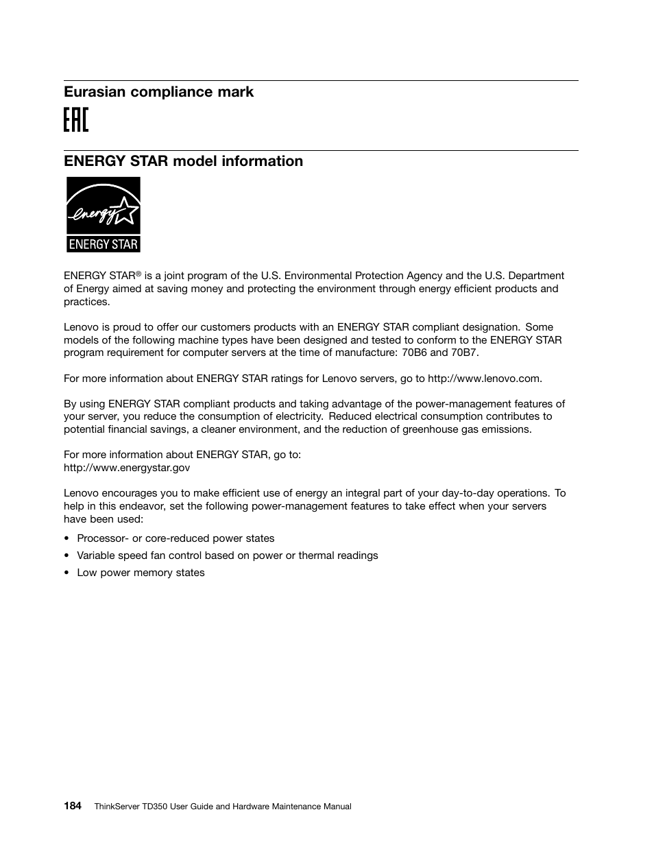 Eurasian compliance mark, Energy star model information | Lenovo ThinkServer TD350 User Manual | Page 198 / 204
