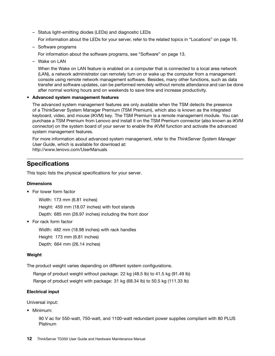 Specifications | Lenovo ThinkServer TD350 User Manual | Page 26 / 204