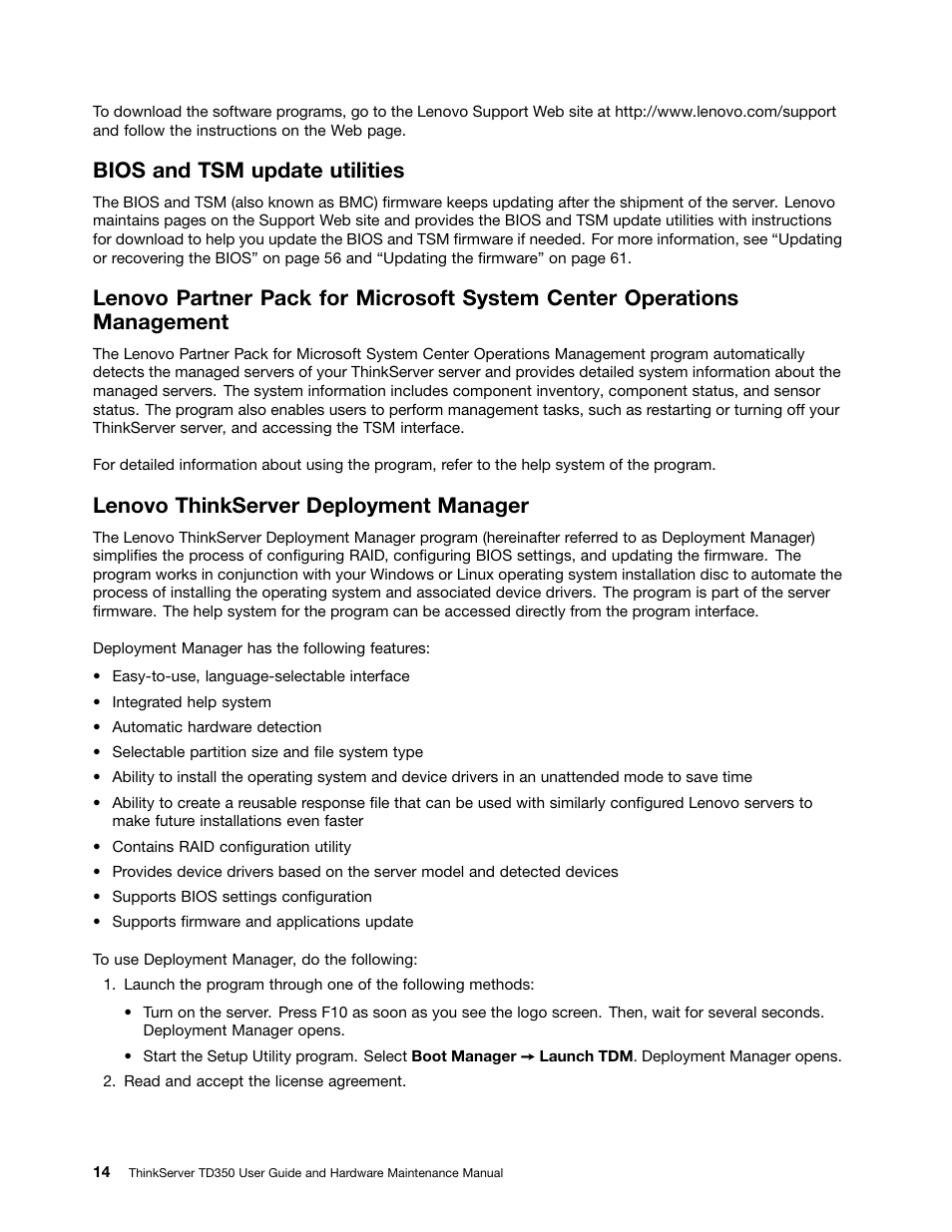 Bios and tsm update utilities, Lenovo thinkserver deployment manager, Lenovo thinkserver | Lenovo ThinkServer TD350 User Manual | Page 28 / 204