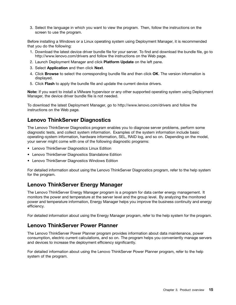 Lenovo thinkserver diagnostics, Lenovo thinkserver energy manager, Lenovo thinkserver power planner | Lenovo ThinkServer TD350 User Manual | Page 29 / 204